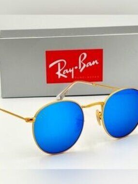 Ray-Ban RB3447 Round Classic Sunglasses Gold Frame Blue Flash Mirror Unisex 357